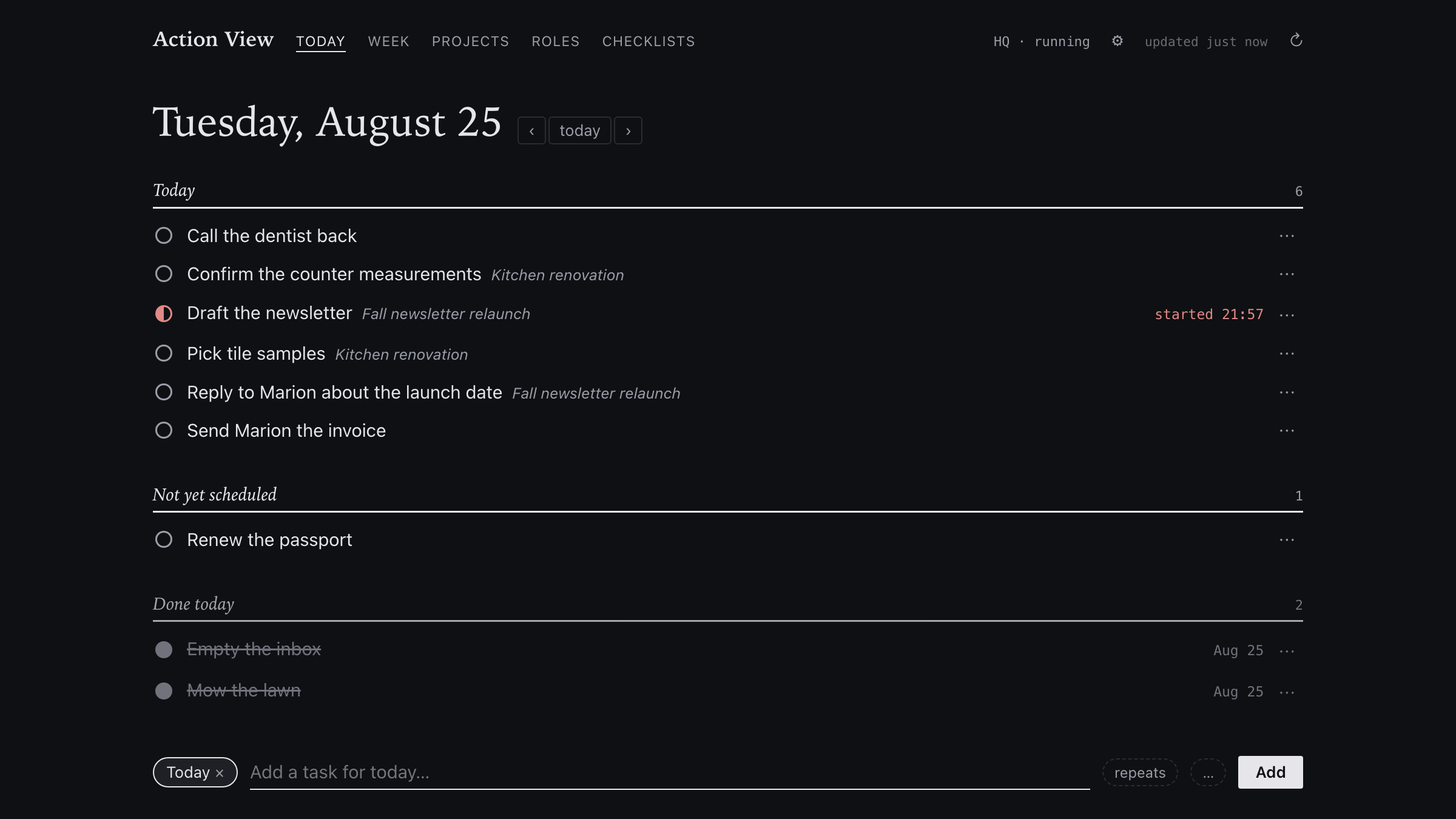 Action View: the Today page